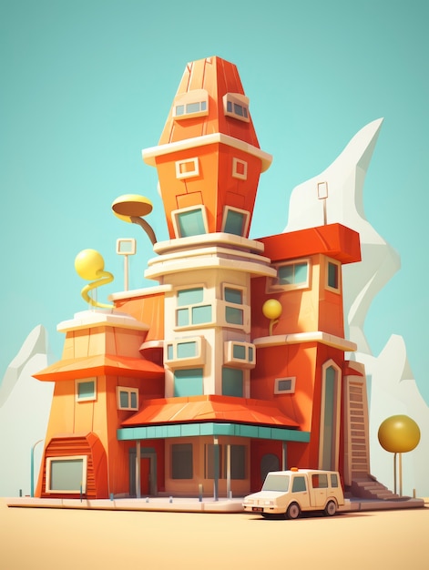Pohled na budovu s architekturou v komiksovém stylu