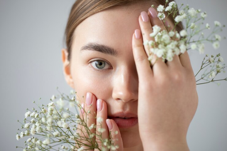 Zdarma Fotografie portrait of beautiful woman with clear skin posing with baby's breath flowers