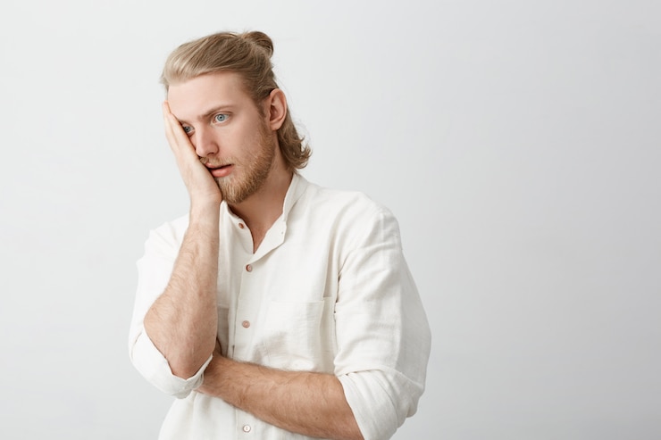 Zdarma Fotografie portrait of handsome blond bearded man making face palm with annoyed or tired expression