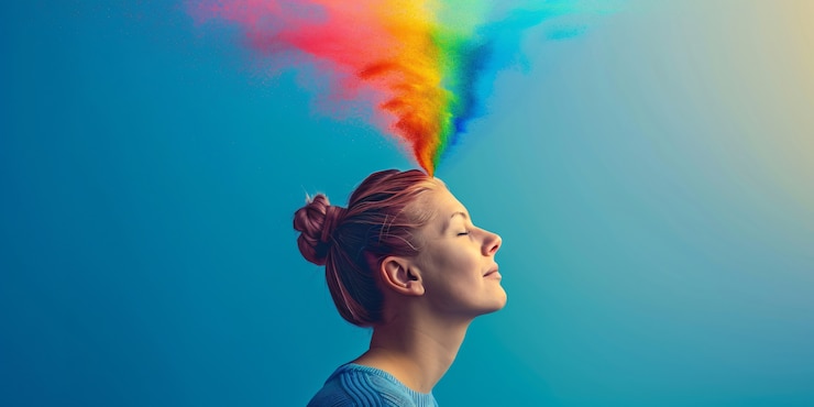 Zdarma Fotografie portrait of people with colorful rainbow from their thoughts and brain on blue background