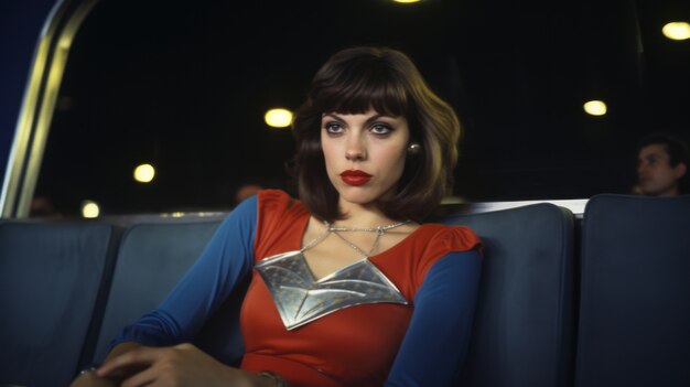 portrait of woman with superhero suit at cinema