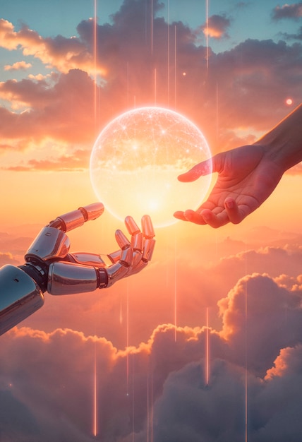 robot and human hand reaching for a glowing sphere in the sky