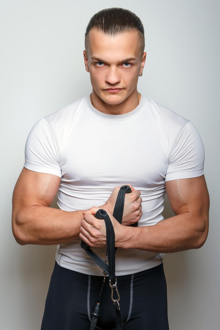 Zdarma Fotografie serious fitness man in sportswear holding expander.