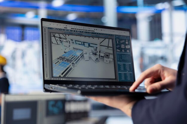 Solar panels plant worker analyzing performance data on laptop close up