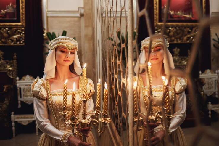 Zdarma Fotografie thouhgtful princess stands with burning candles before the mirror