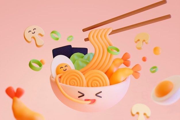 Three-dimensional bowl of noodles in cartoon style