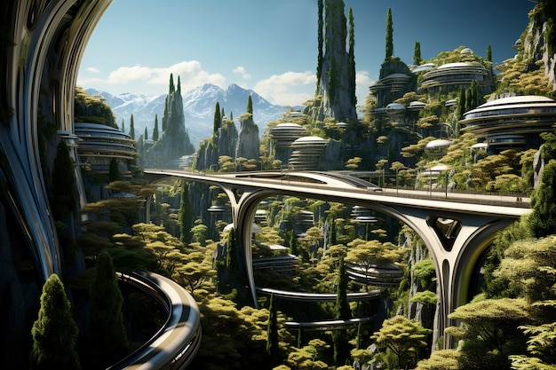 view of futuristic city with lots of vegetation and greenery