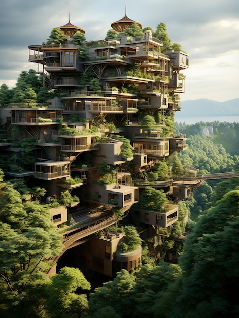 view of futuristic city with lots of vegetation and greenery