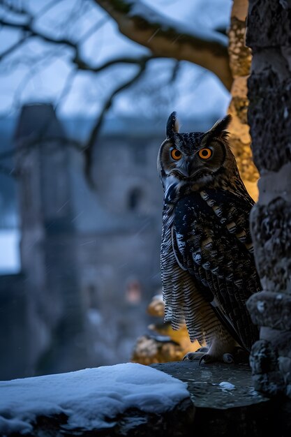 view of owl in cold environment with dreamy aesthetic