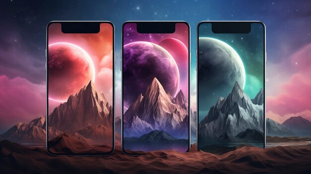 View of smartphones with abstract wallpaper coming out of the screen