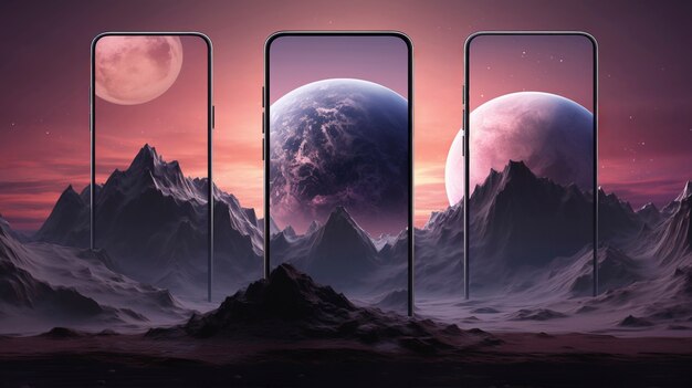 view of smartphones with abstract wallpaper coming out of the screen