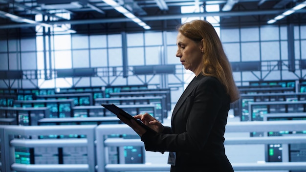 woman working in data center housing advanced data storage infrastructure