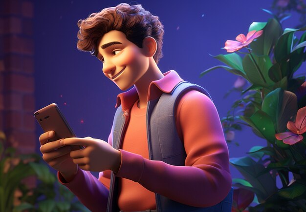 young man cartoon character with phone