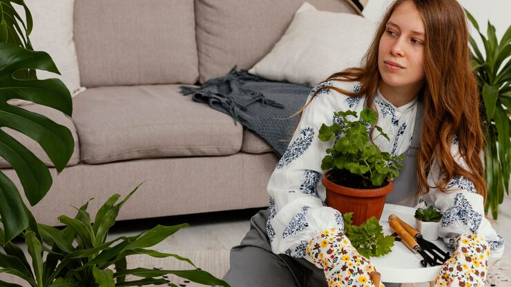 Zdarma Fotografie young woman at home with pot of plant and gardening tool