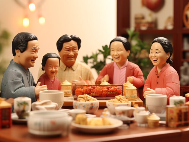 3d de pessoas desfrutando de um jantar de reunião durante a celebração do ano novo chinês