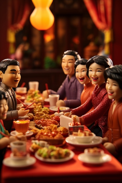 3d de pessoas desfrutando de um jantar de reunião durante a celebração do ano novo chinês