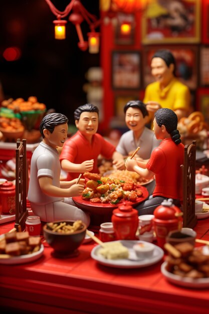 3d de pessoas desfrutando de um jantar de reunião durante a celebração do ano novo chinês