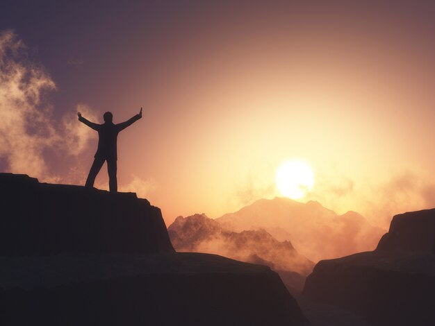 3D figura masculina com os braços levantados ficou na montanha contra o céu do sol