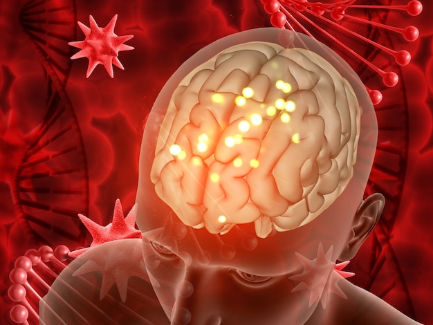 Foto grátis 3d fundo médico com figura masculina e cérebro