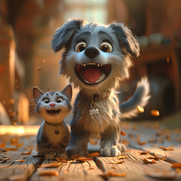 Foto grátis 3d illustration showcasing friendship between cats and dogs