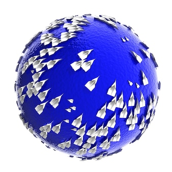 3d ilustração abstrata da esfera azul brilhante texturizada coberta de aviões de papel isolados em branco