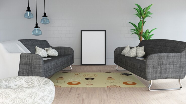 Foto grátis 3d moderno lounge interior com moldura em branco