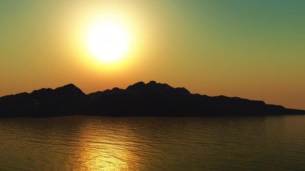 3D montanhas ao pôr do sol