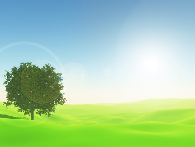 3D paisagem ensolarada com árvore na grama verde brilhante