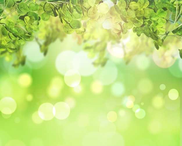 Foto grátis 3d rendem de folhas verdes em um luzes do bokeh fundo ensolarado