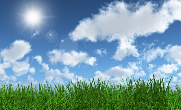 Foto grátis 3d rendem de grama verde exuberante com um céu azul ensolarado