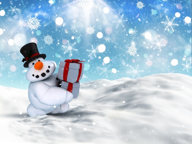 3D rendem de um boneco de neve de Natal carregando pilha de presentes