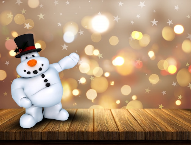 3D rendem de um boneco de neve do Natal na tabela de madeira contra um fundo de luzes do bokeh