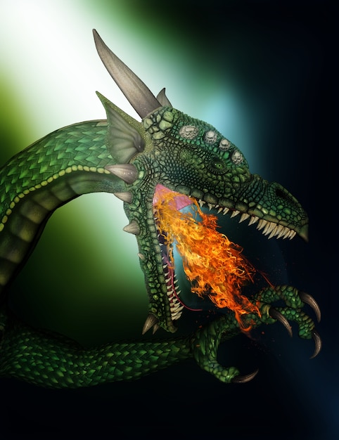 Foto grátis 3d rendem de um dragão fantasia fogo respiração