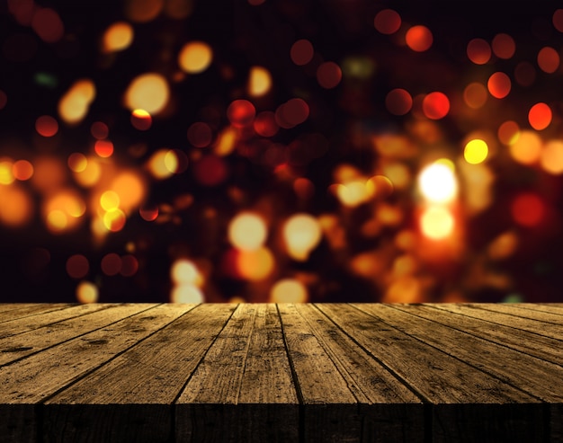 3D rendem de um fundo do Natal com mesa de madeira rústica contra um fundo de luzes do bokeh