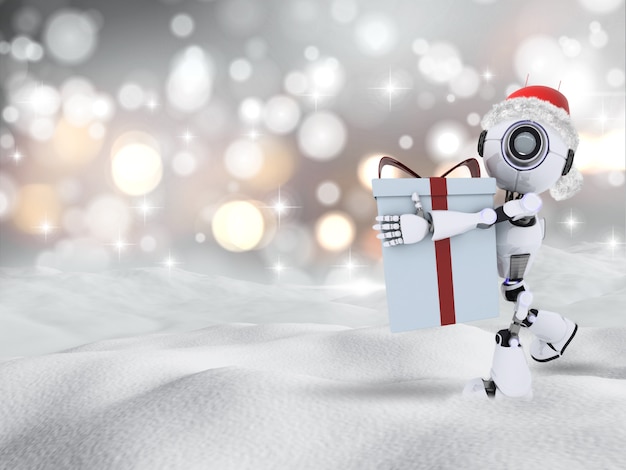 3D rendem de um robô carregando um presente Chrismas na neve