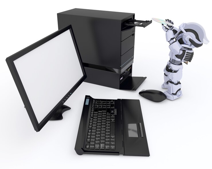 Foto grátis 3d rendem de um robô com um computador