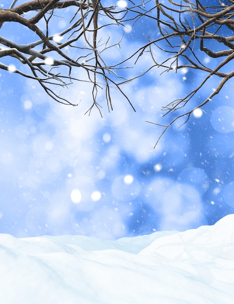 Foto grátis 3d rendem de uma árvore do inverno em um fundo nevado