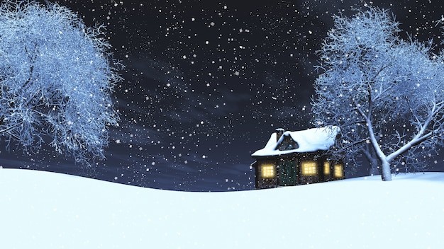 3D rendem de uma casa de madeira em uma paisagem de neve durante a noite