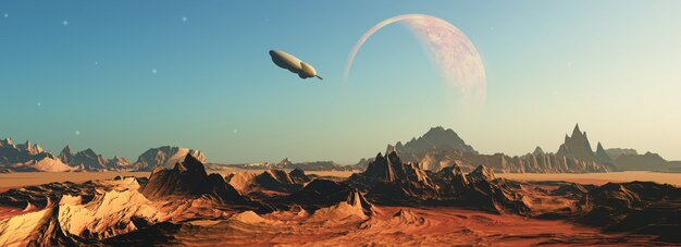 3D rendem de uma cena do espaço de ficção com uma nave espacial voando em direção a um planeta