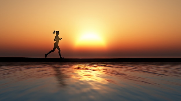 3D rendem de uma corrida feminina de encontro a um por do sol sobre um oceano