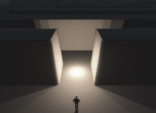 3D rendem de uma figura masculina ficou na frente de um labirinto