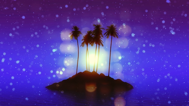 3D rendem de uma ilha da palmeira contra um céu iluminado pela lua