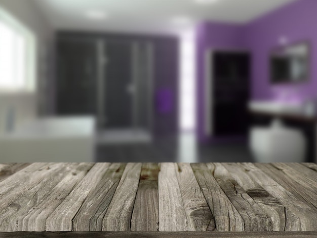 Foto grátis 3d rendem de uma mesa de madeira com uma casa de banho defocussed em segundo plano