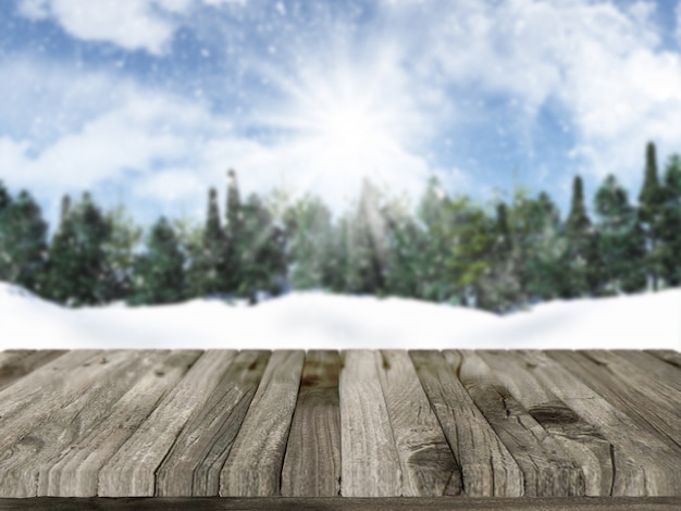 Foto grátis 3d rendem de uma mesa de madeira com uma paisagem nevado do natal no fundo