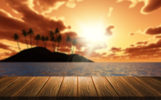 3D rendem de uma mesa de madeira com vista para uma ilha da palmeira contra um céu do por do sol