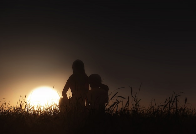 3D rendem de uma paisagem com mãe e filho sentado contra um céu do por do sol