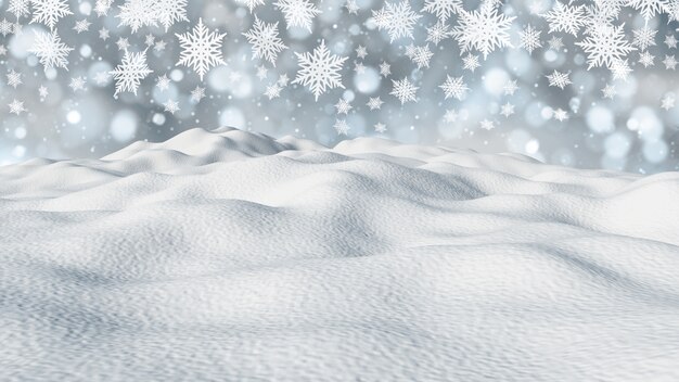 3D rendem de uma paisagem de neve com flocos de neve