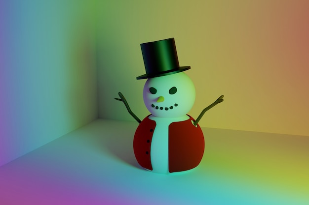 3d rendem do malvado boneco de neve de natal no chapéu do cilindro na caixa do quarto das cores do espectro do arco-íris. layout criativo, tendências modernas projetam cartão de natal.