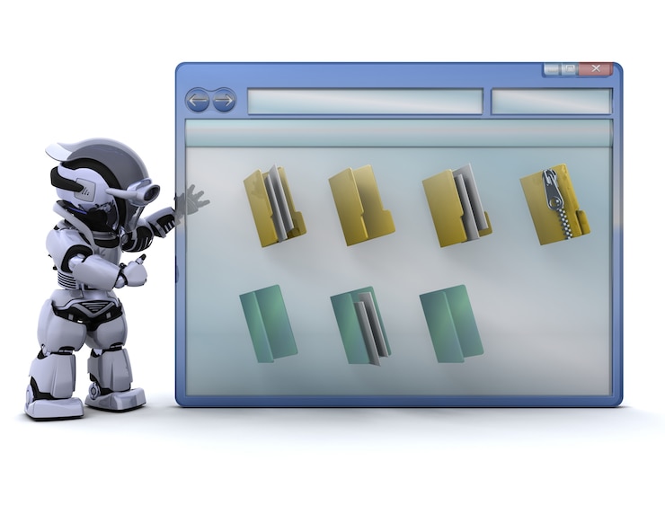 Foto grátis 3d rendem do robô com janela do computador e ícones de pasta