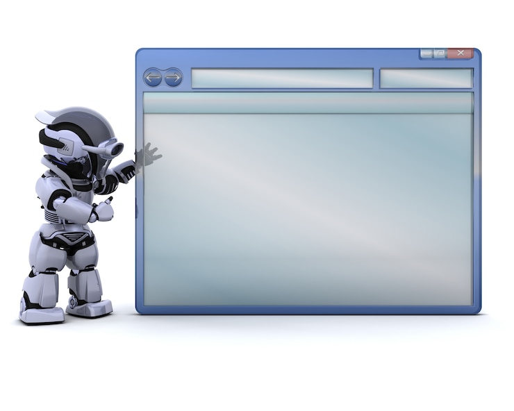 Foto grátis 3d rendem do robô com janela do computador vazia